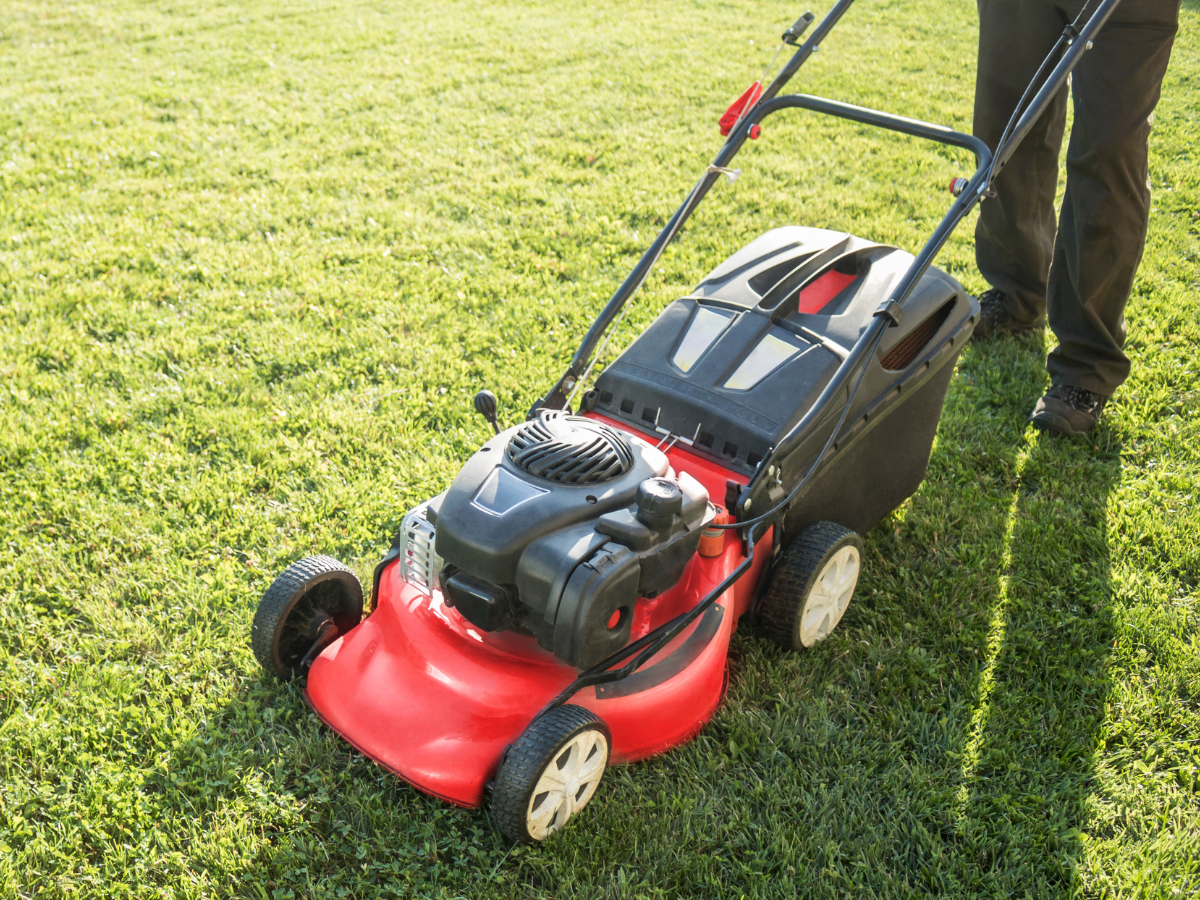 Worker mowing a lawn.